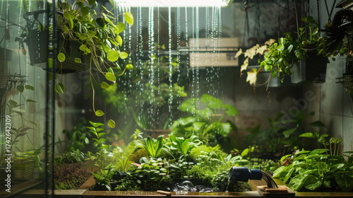 Fototapeta Naklejka Na Ścianę i Meble -  Rainwater-fed indoor garden --ar 16:9 --v 6 Job ID: 58040680-a9d6-4b72-9ce0-07e459a661ad