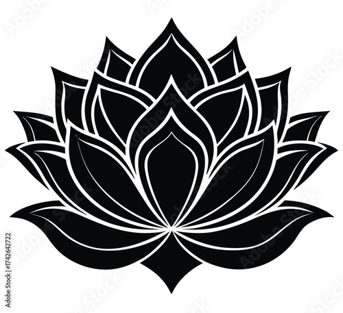 Stylized black and white sacred lotus blossom illustration, meticulously crafted as a symbolic floral outline, perfect for various design projects, representing purity, beauty, and spiritual growth