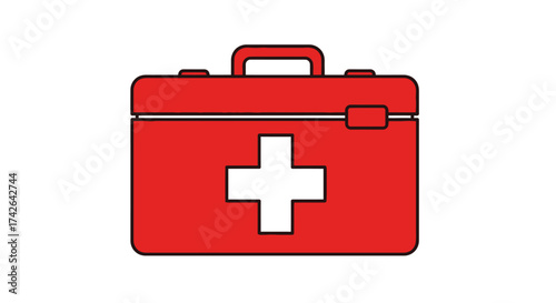 Red first aid kit isolated on white background with white cross on it