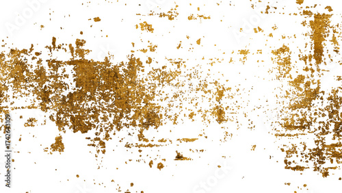 Gold grunge on transparent background. Gold splashes texture. Brush stroke design element. Grunge golden background pattern of cracks, scuffs, chips, stains, ink spots, lines