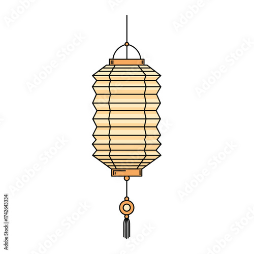 A traditional hanging lantern with a tassel and a light color.