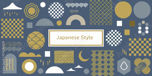 Collection of japanese style geometric patterns and symbols on a blue background