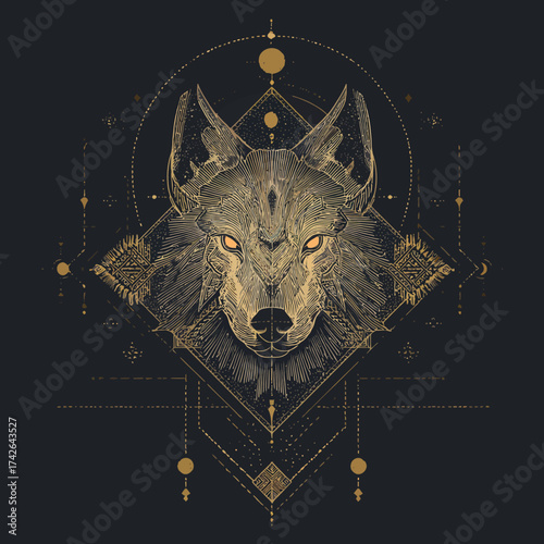 Detailed Golden Wolf Head Illustration with Glowing Eyes, Mystical Sacred Geometry, Esoteric Symbols, and Celestial Elements