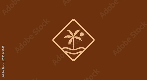 Abstract vector illustration of a beach landscape with a single palm tree and sun, created in a clean, minimal line style for a modern brand identity