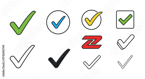 Collection of check mark icons in different styles isolated on white background