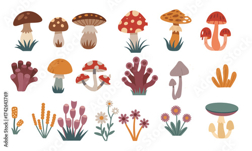 Mushroom flat Illustration Icons set, Floating plant and tree Vector Art Illustration Clipart. set of mushroom Illustration bundle	
