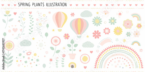 Whimsical spring elements collection featuring flowers hot air balloons rainbows and clouds