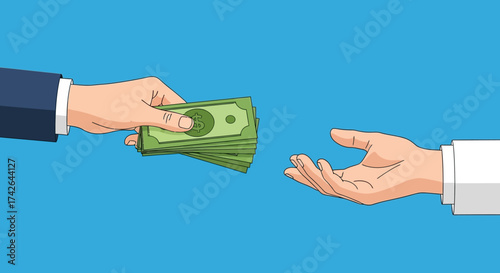 Hand giving money to another hand on blue background