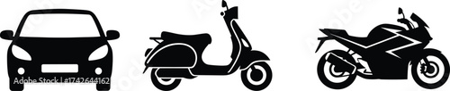 Black silhouette icons of car, scooter, and sport motorcycle on white background, minimal vector set for transport and mobility themes