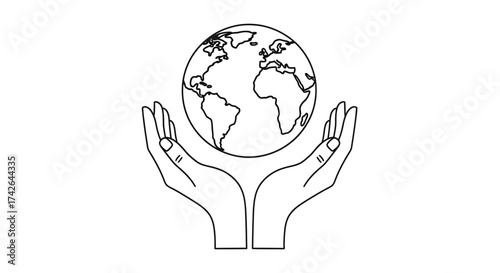 World globe in hand outline isolated on white background, earth protection concept