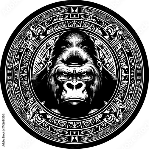 Powerful Gorilla Head Illustration with Intricate Tribal Style Circular Pattern. Detailed Black and White Vector Art of a Wild Primate Emblem.