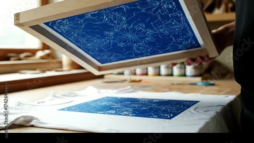 A printmaker lifts a screen printing frame to reveal a perfectly transferred intricate blue design onto a white t-shirt.