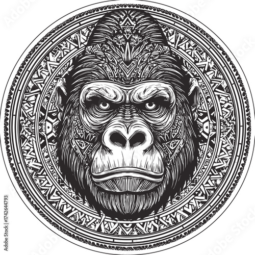 Intricate black and white vector illustration of a powerful gorilla head with tribal patterns, a majestic primate wildlife art design.