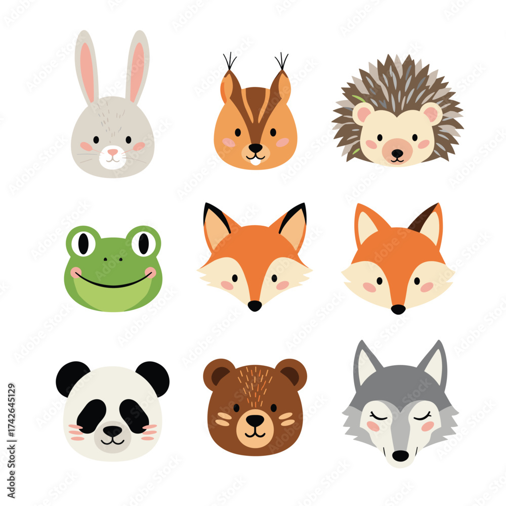 Fototapeta premium Cute cartoon animal faces including a rabbit fox frog bear panda and hedgehog.