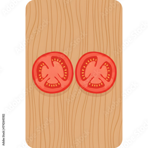 Two halves of a fresh red tomato neatly placed on a wooden cutting board, seen from directly above. This bright, simple vector is ideal for quick recipe visuals or food icons.