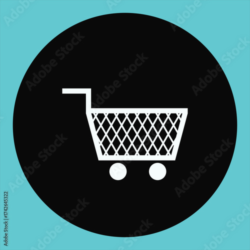 A minimalist black and white shopping cart icon on a turquoise blue circular background, representing commerce, retail, and online shopping