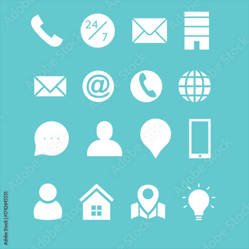 White flat vector icon set for digital communication, contact, and information, perfect for web, mobile apps, and business interfaces on a blue-green background