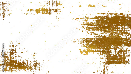 Gold grunge on transparent background. Gold splashes texture. Brush stroke design element. Grunge golden background pattern of cracks, scuffs, chips, stains, ink spots, lines