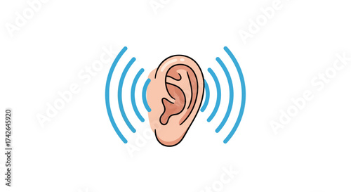Illustration of an ear with sound waves isolated on white background