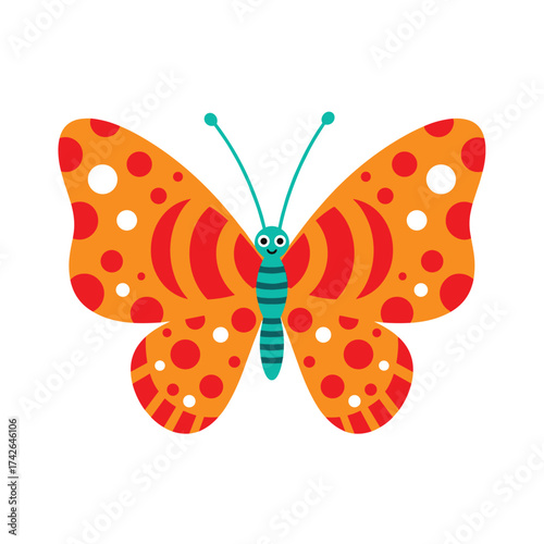 A vibrant orange butterfly with red circular patterns and white polka dots flies with its wings spread wide.