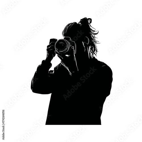 Silhouette of a person with a camera, capturing a photo. Isolated black outline of a photographer holding a digital SLR.