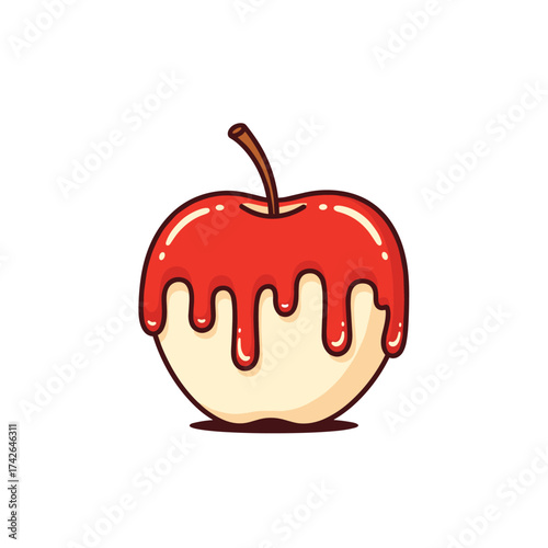 A sweet candy apple with a red glaze dripping down its sides on a white background.