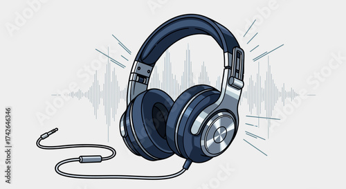 Blue headphones with sound waves isolated on white background for listening music