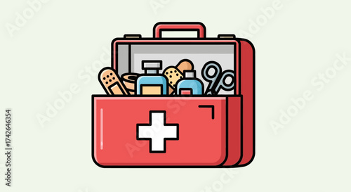 First aid kit with medical supplies and medicines for emergency treatment