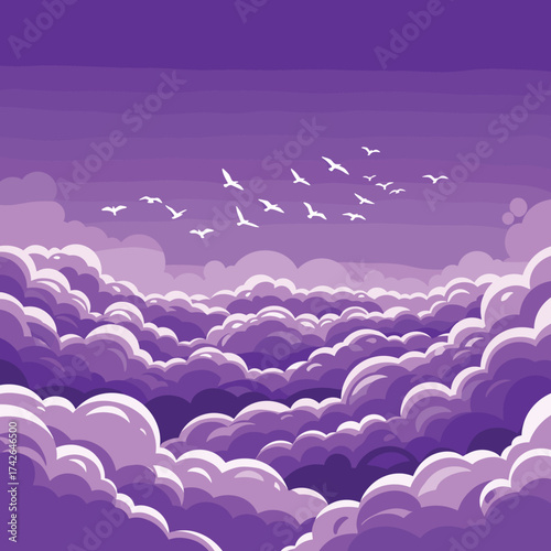 A Flock of Birds Soaring Above a Sea of Purple Clouds During Sunset.