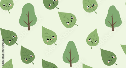 Adorable green leaves and trees with cute faces pattern.