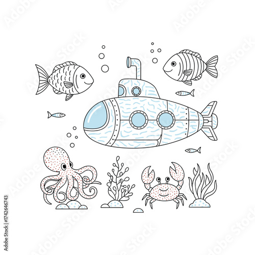 A charming underwater scene featuring a submarine surrounded by marine life and aquatic plants.
