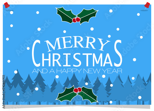 Merry Christmas greetings card or banner design with snow and holly, festive background design element