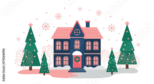 A cozy blue house decorated for christmas with snow falling gently.