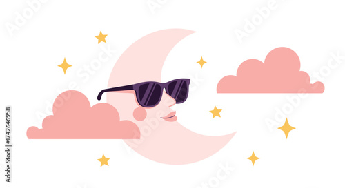 A cool crescent moon wearing sunglasses floats in the night sky.
