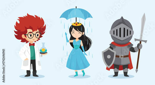 A scientist a princess and a knight stand together.