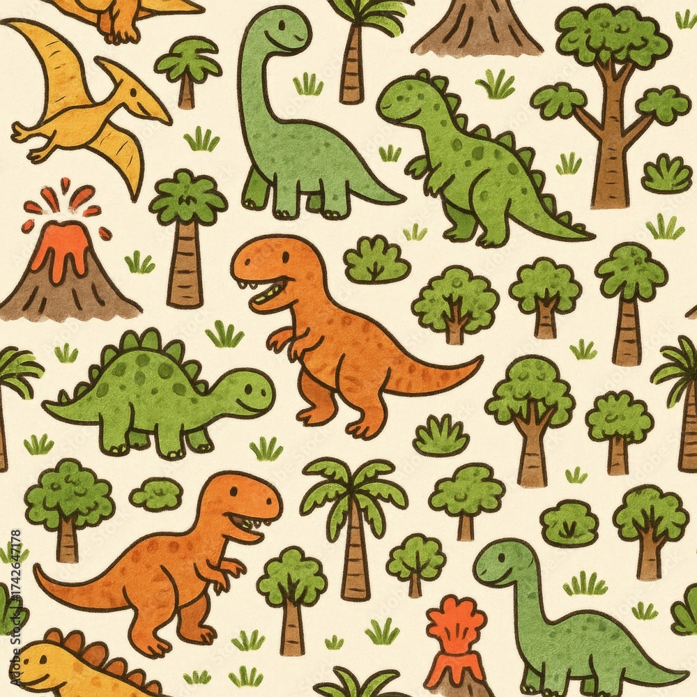 Naklejka premium Colorful Dinosaur Cartoon Pattern with Volcano and Trees