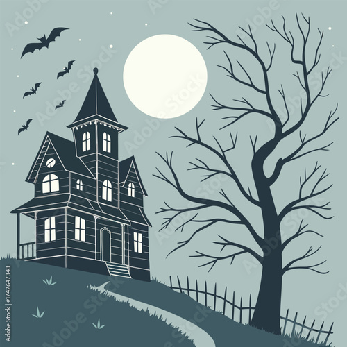An eerie haunted house stands silhouetted against a full moon backdrop