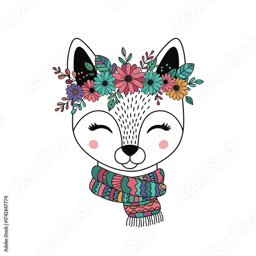 An adorable fox with a floral crown and a patterned scarf smiling happily.