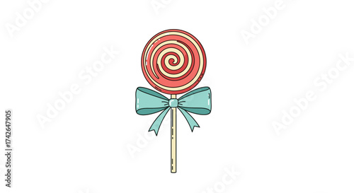 A sweet swirl lollipop with a pale blue ribbon bow on a white background.