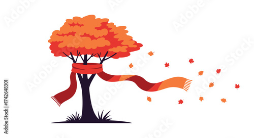 An autumn tree wears a scarf as leaves blow away in the wind.