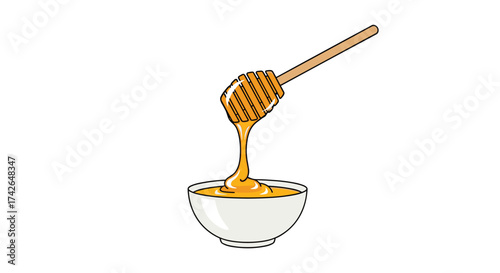 A honey dipper slowly pours golden nectar into a small white bowl.