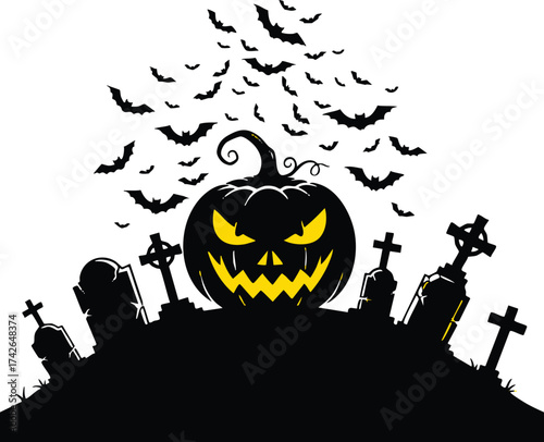 A spooky halloween pumpkin with bats flying around it and tombstones this eerie illustration captures the essence of halloween night