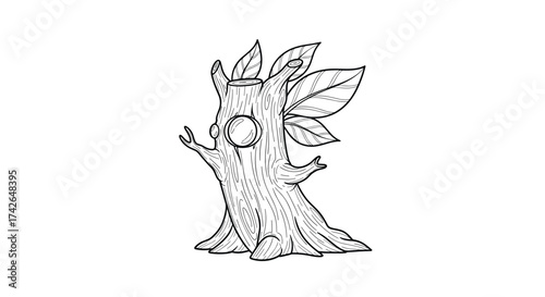 A cute drawing of a small animated tree with leaves and outstretched arms welcoming visitors.