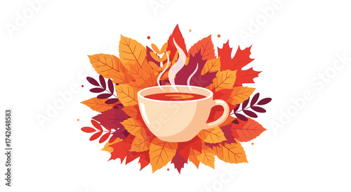 A cozy cup of hot tea surrounded by autumn leaves.