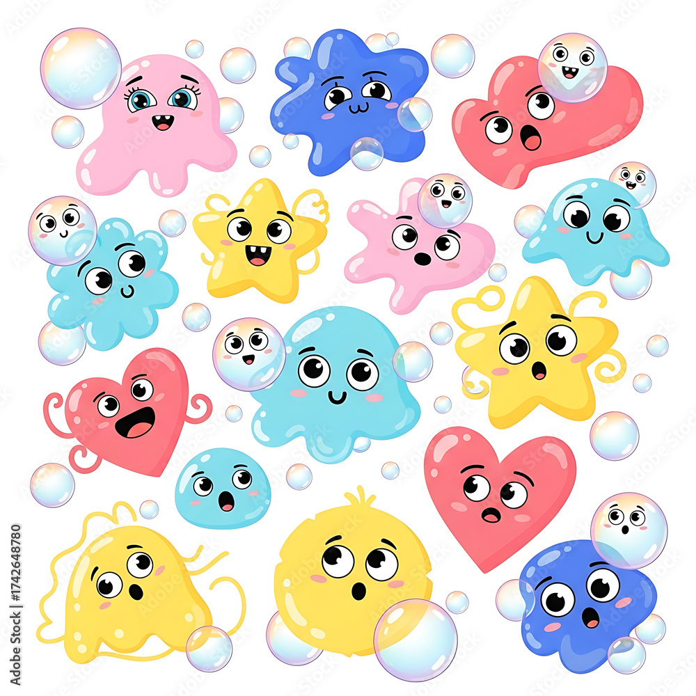 Fototapeta premium A cute collection of colorful cartoon germ characters with big expressive eyes The glossy microbes are shaped like stars hearts and blobs surrounded by soap bubbles.