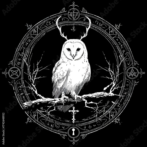 Mysterious Barn Owl with Antlers Perched on Branch in Ornate Circular Occult Frame - Dark Gothic Mystical Illustration