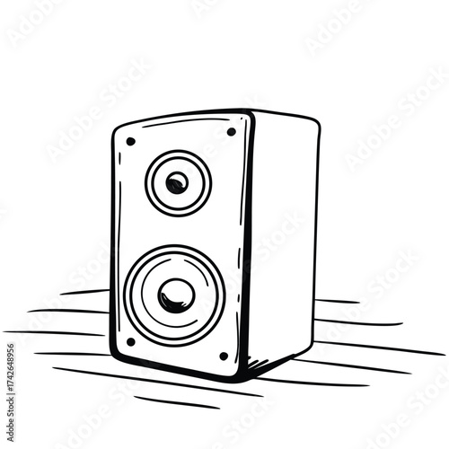Clean line art illustration of a round speaker with a prominent woofer perfect for audio and music themes