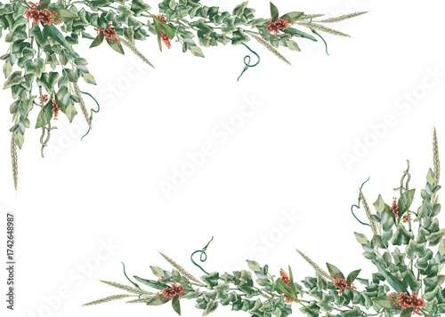 Watercolor illustration of a floral frame. Leaves and branches of ivy and eucalyptus with ears of wheat and red skimia berries. Horizontal frame for printing invitations, business cards, and packaging