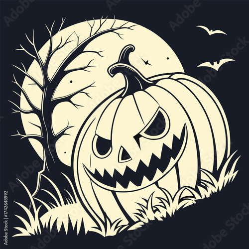 A scary pumpkin with a full moon and a bare tree for halloween night