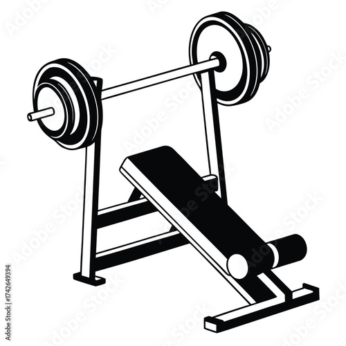 Simple geometric illustration of a gym bench press machine for fitness and workout designs